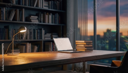 Wallpaper Mural Cozy Workspace at Dusk: A well-lit, inviting workspace awaits, bathed in the soft glow of dusk, with a laptop, books, and a cityscape view.  Torontodigital.ca