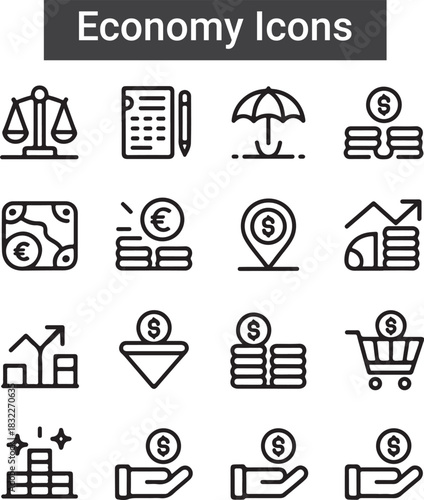 Finance line icon set with money, bank, check, law, auction, exchange, payment, wallet, deposit, piggy, calculator, web
