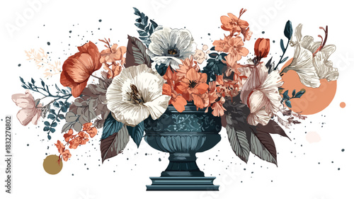 Elegant Antique Vase with Floral and Leaf Design Vector Illustration