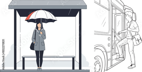 Urban Commute Scenes: Flat Design Rain and Line Art Commuter
