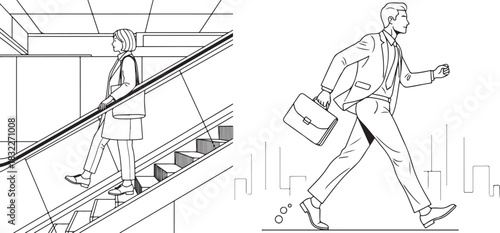 Modern Monochrome Line Art Depicting Urban Business Commute Scenes