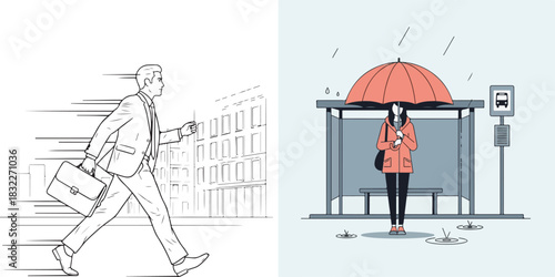 Dual Vector Illustration of Urban Life: Line Art and Flat Design