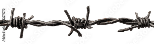 Close up of rusted barbed wire fence, isolated on white background. A barbed wire isolated on transparent background. Steel wire, sharp barbs, metal fence. Protection against trespassing.