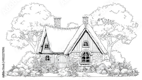 Enchanting Cartoon Cottage Illustration with Lush Garden for Storybook