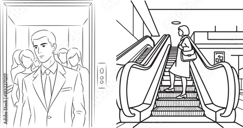 Minimalist Line Art Vector Illustrating Urban Business Commute Scenes