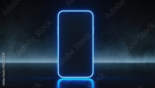 Neon Mobile Phone: Futuristic digital display, perfect for technological concept. Captures the essence of modern innovation with glowing outline and cool aura. 