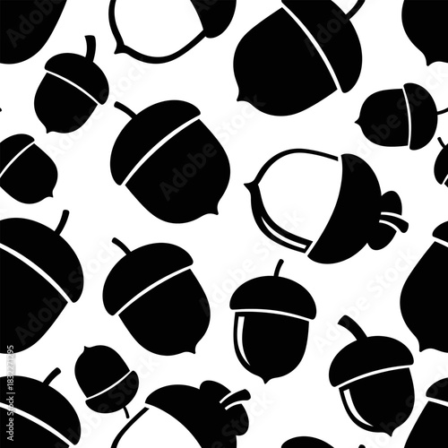 Seamless acorn pattern vector illustration black and white autumn fall harvest thanksgiving background design