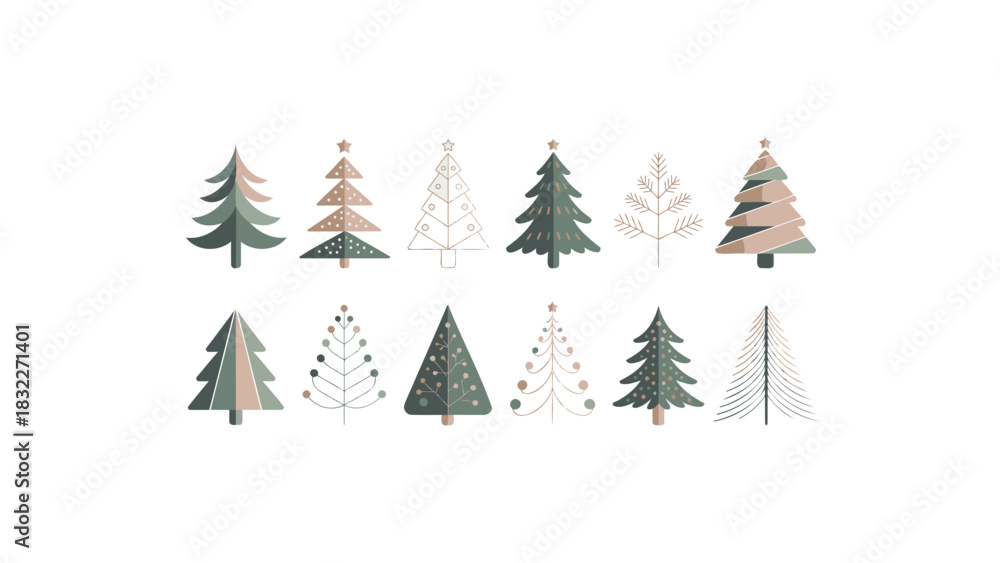 Obraz premium Whimsical watercolor christmas trees collection featuring festive greenery and delicate winter decorations on white background