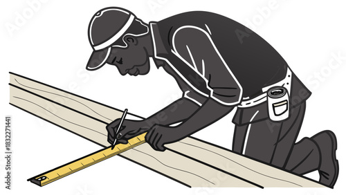 “Black carpenter measuring wood with tape measure, vector silhouette, realistic proportions, smooth edges, professional craft theme.”