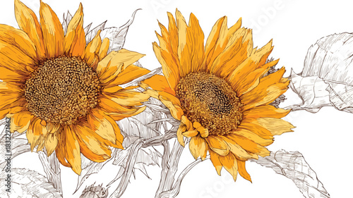 Beautiful Sunflowers Vector Illustration with Outline on White Background