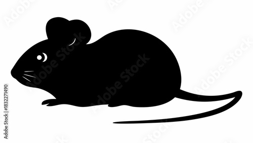 Silhouette of a black mouse with a long tail and small feet isolated on a white background view side