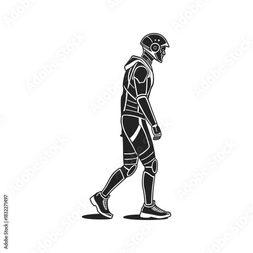 Futuristic warrior in sci fi armor walking against white background