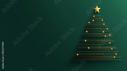 A minimalistic Christmas tree on a green background radiates holiday cheer. Golden lines form the tree, adorned with glowing lights and topped with a star, evoking festive spirit.