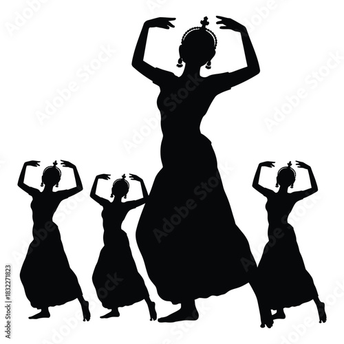 Evolution of people: silhouettes of a woman dancing in a red dress with a ball and fan, an art illustration of a dancer's body in sport