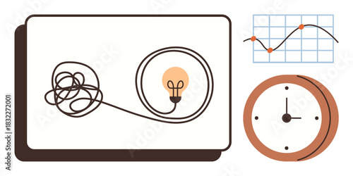 Tangled cord leading to light bulb, line graph, and clock representing problem solving, idea generation, time management. Ideal for creativity, productivity, innovation, analysis strategy planning