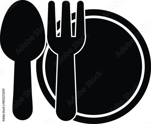 A monochromatic, minimalist presentation featuring a plate, fork, and spoon arranged in a simple, elegant composition.