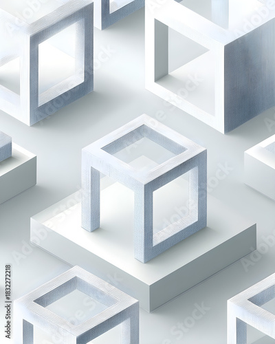 Geometric abstract composition with clean white cubes and minimalist design