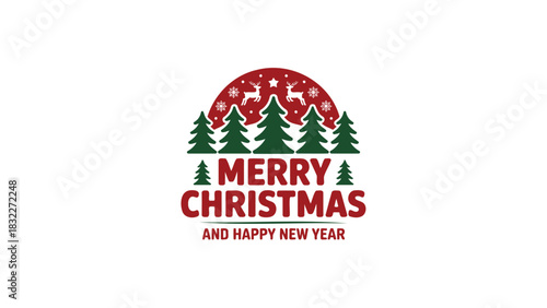 Festive merry christmas and happy new year greeting with stylized evergreen trees and reindeer silhouette inside a red arch