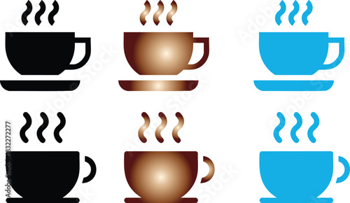 A colorful array of steaming coffee cups, cup of coffee icon Coffe or tea cups vector icon collection. Cup hot icons design