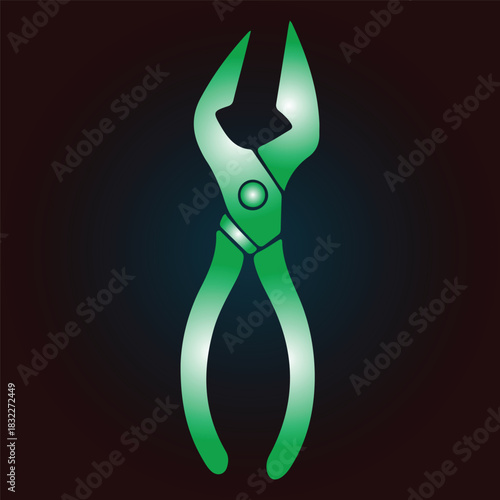 Illustration of a green pair of pliers on a dark background, tool concept