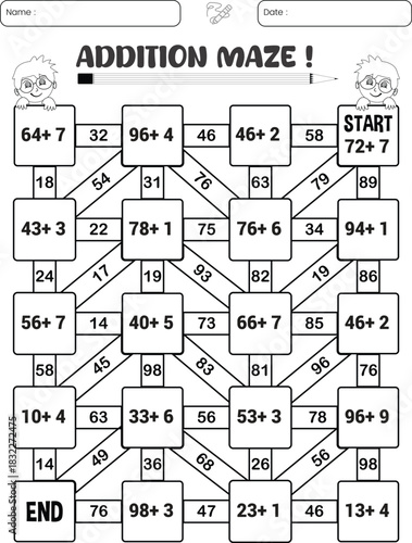 Addition maze puzzle game worksheet for child