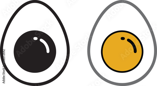 A pair of graphic eggs: simple and clean, with a solid black egg beside a cut egg showcasing its vibrant yolk. 