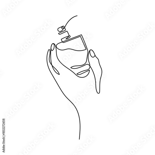 Hand holding and spraying a perfume bottle. One line minimalist vector. Perfect for use in cosmetic branding, skincare and beauty packaging, posters, social media.