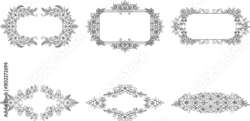 Collection of six elegant floral frames isolated on transparent background, perfect for adding a touch of sophistication