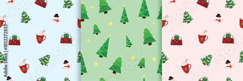 A festive Christmas seamless pattern set featuring cute holiday elements:Christmas trees, snowmen,gift boxes, winter mugs,and cozy seasonal icons.Perfect for wrapping paper, fabric design.