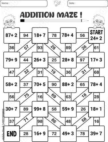 Addition maze puzzle game worksheet for child