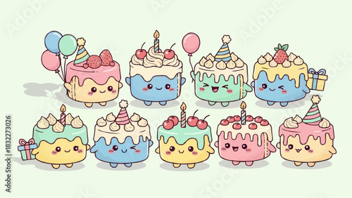 Collection of ten kawaii style birthday cakes with various toppings and decorations displayed together
