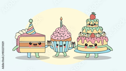 Cartoon cake slice cupcake and tiered cake characters holding gifts at a party celebration scene