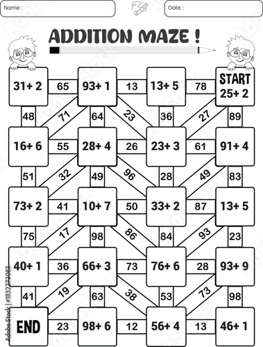 Addition maze puzzle game worksheet for child