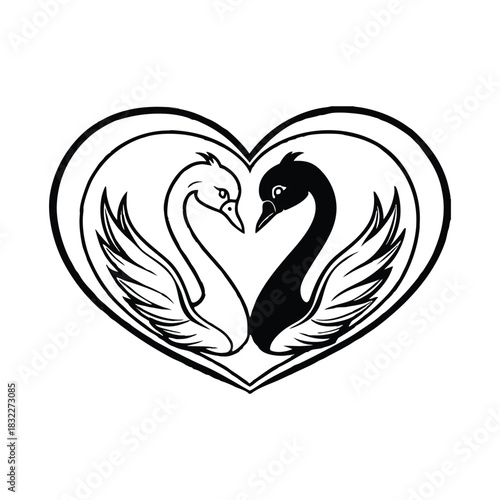 Silhouette of swan heart couple isolated on a white background