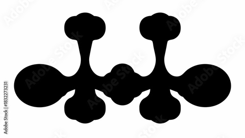 Abstract symmetrical black shape with bulbous ends and connecting lines on a white background art