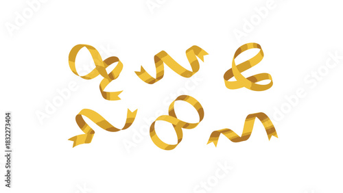Collection of golden serpentine ribbons and streamers isolated on a white background for celebrations