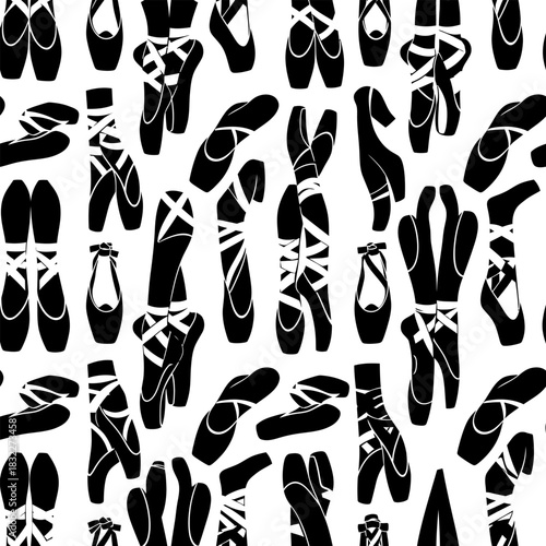 Seamless pattern of black ballet shoes pointe shoes dance shoes for ballerina dancers performance art design