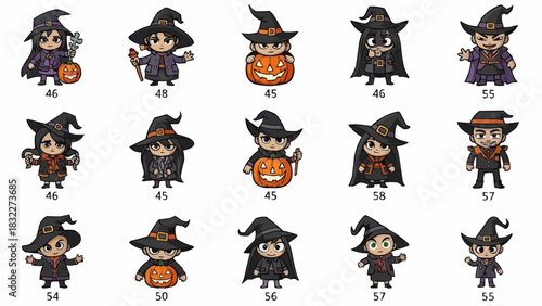 Collection of cartoon witches and wizards in various poses with halloween pumpkins and hats on white background