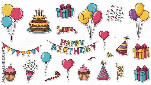 Illustration of birthday party elements including cake balloons and gifts on white background