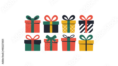 Collection of eight colorful festive gift boxes with ribbons and bows isolated on a white background