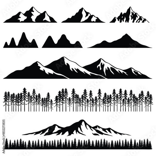 Vector illustration of mountain landscape with snow, sun, and silhouette icons for nature travel design