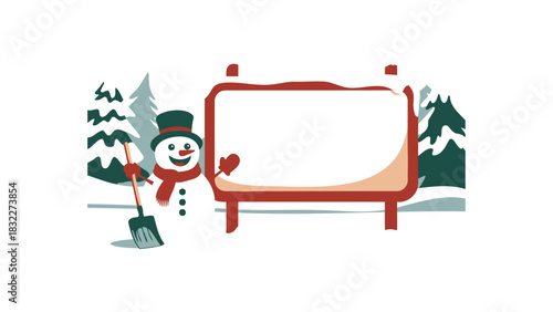 Friendly snowman standing beside a snow covered blank signboard in a winter forest scene