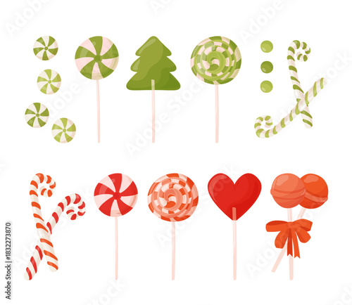 Bright Christmas candies set. Xmas or New Year holiday sweets greeting elements. Vector illustration. Candy cane, lollipop and peppermint caramel clip art collection.
