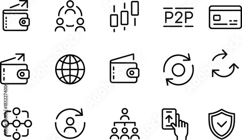 Finance icons, digital transaction symbols, wallet growth, mobile banking, peer-to-peer payment, blockchain network, organizational chart, credit card, security shield, global finance, fintech tools