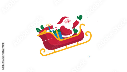 Santa claus in a red sleigh filled with colorful presents and green christmas trees waving happily
