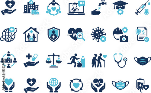 Healthcare icons, medical symbols, wellness graphics, hospital care, hygiene, elderly support, global health, telemedicine, safety, prevention, fitness, mask, heart, silhouette set