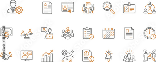 HR icons, recruitment, employee management, teamwork, productivity, performance, leadership, interview, remote work, strategy, business growth, silhouette, planning