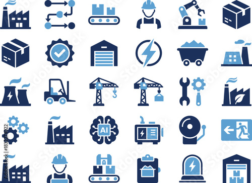Industrial icons, manufacturing symbols, factory automation, logistics elements, energy production, engineering tools, warehouse operations, robotics, AI, production line, industry design