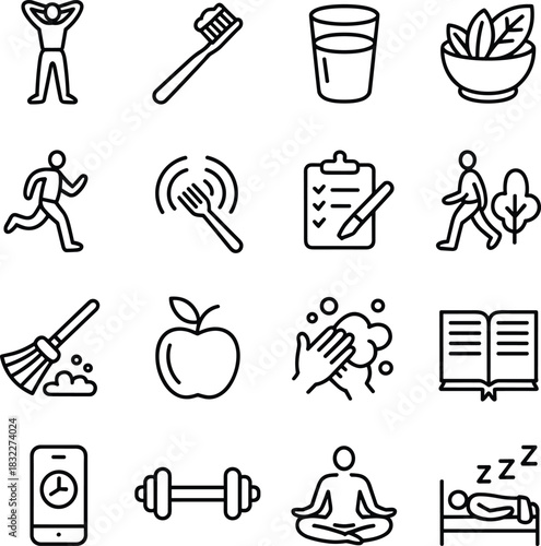 Healthy lifestyle icons, wellness routine, exercise symbol, hygiene habits, nutrition graphics, mindfulness, sleep tracker, daily health, self-care, fitness, clean living, wellness tools