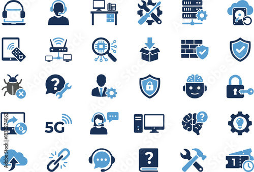 IT support and cybersecurity icons set, digital communication, network tools, cloud services, data protection, remote access, troubleshooting, secure systems, tech help